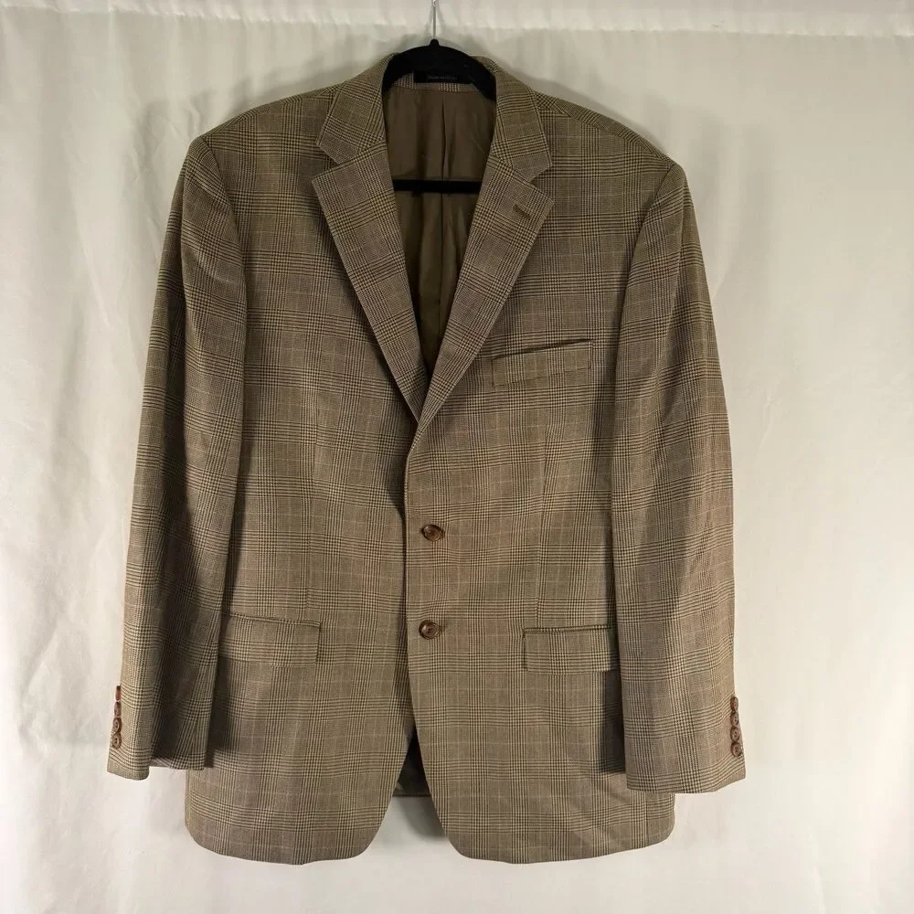 Lauren Ralph Lauren Silk Wool Blazer Men's 44R Beige Plaid 2 Button Front Pocket